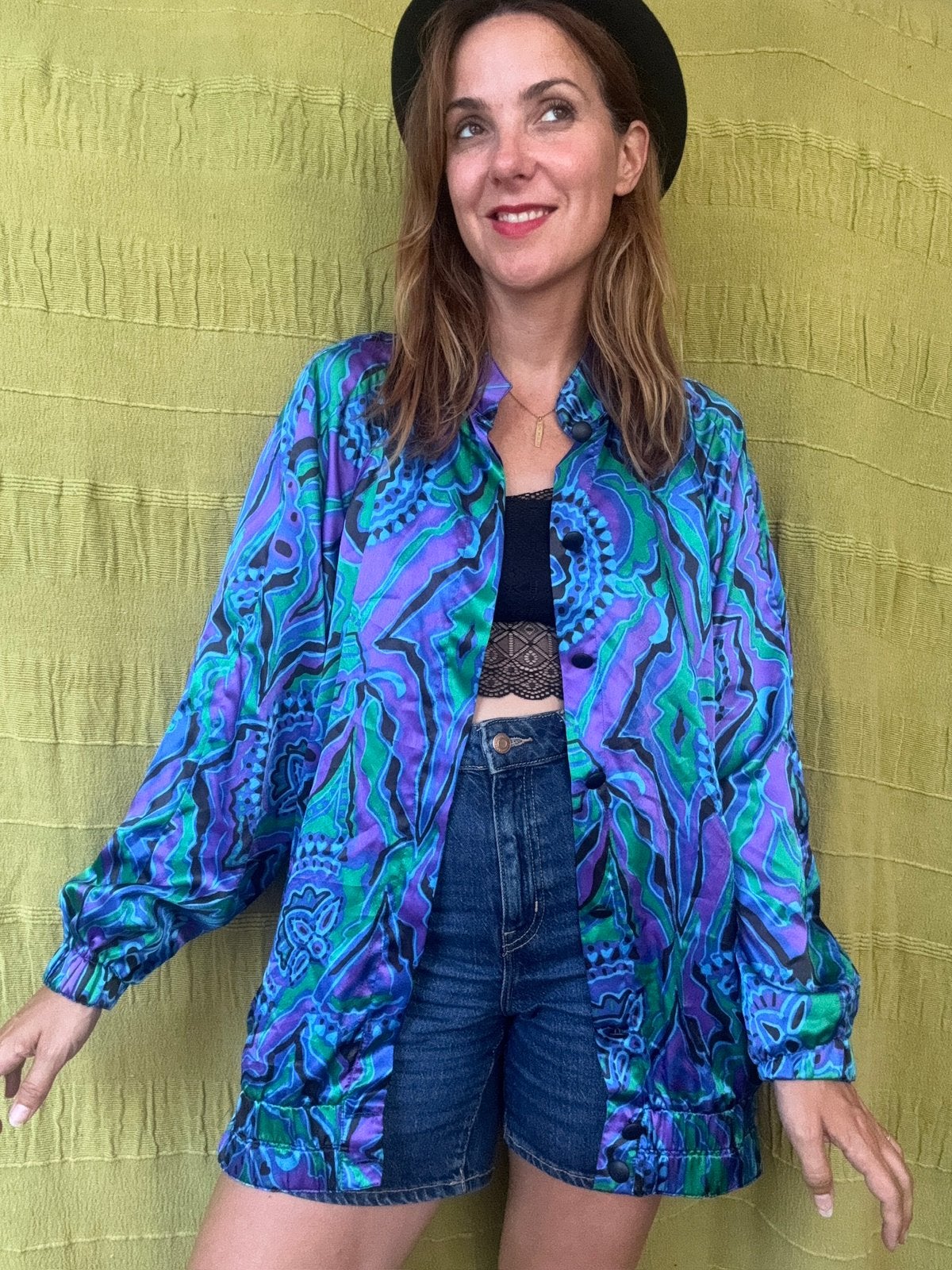 Vintage blouse glimmend - print - 40/L, Maat 38/40 (M), Hgv, Hgv, Ophalen of Verzenden
