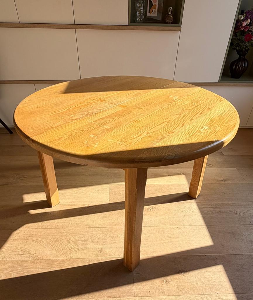 Eikenhouten eetkamertafel rond 120cm, uitschuifbaar, Huis en Inrichting, Ophalen, Gebruikt, 100 tot 150 cm, 150 tot 200 cm
