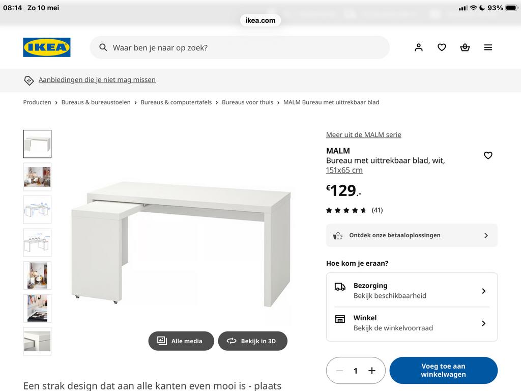 IKEA malm buro met uittrekbaar blad, Huis en Inrichting, Bureaus, Ophalen, Zo goed als nieuw
