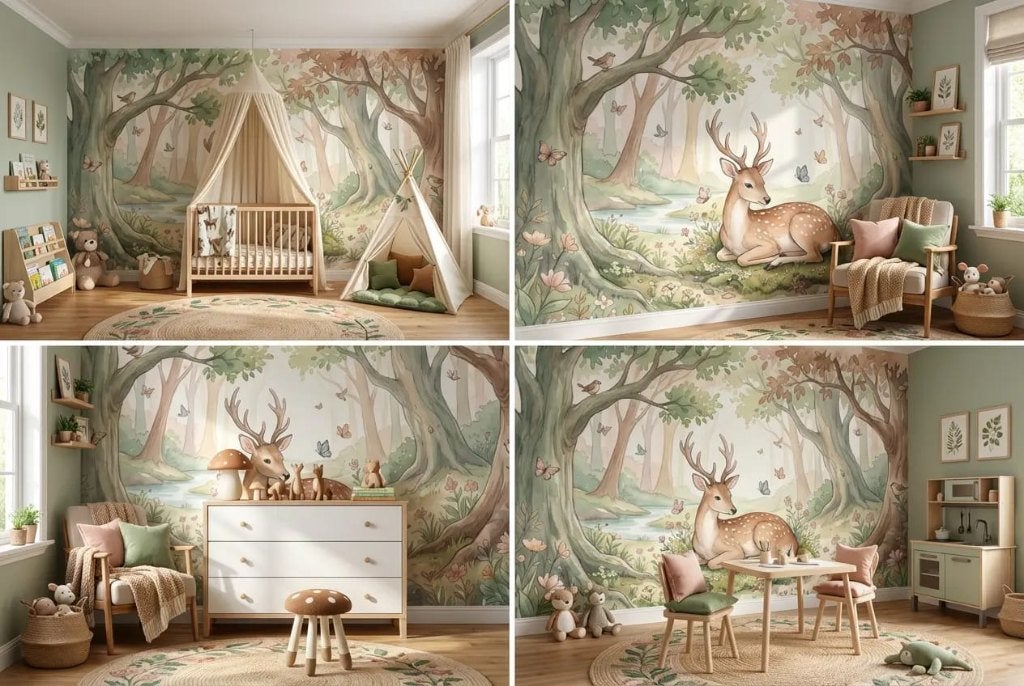Behang babykamer – rustend hert in een licht sprookjesbos, Overige merken, Groen, Ophalen of Verzenden, Fotobehang