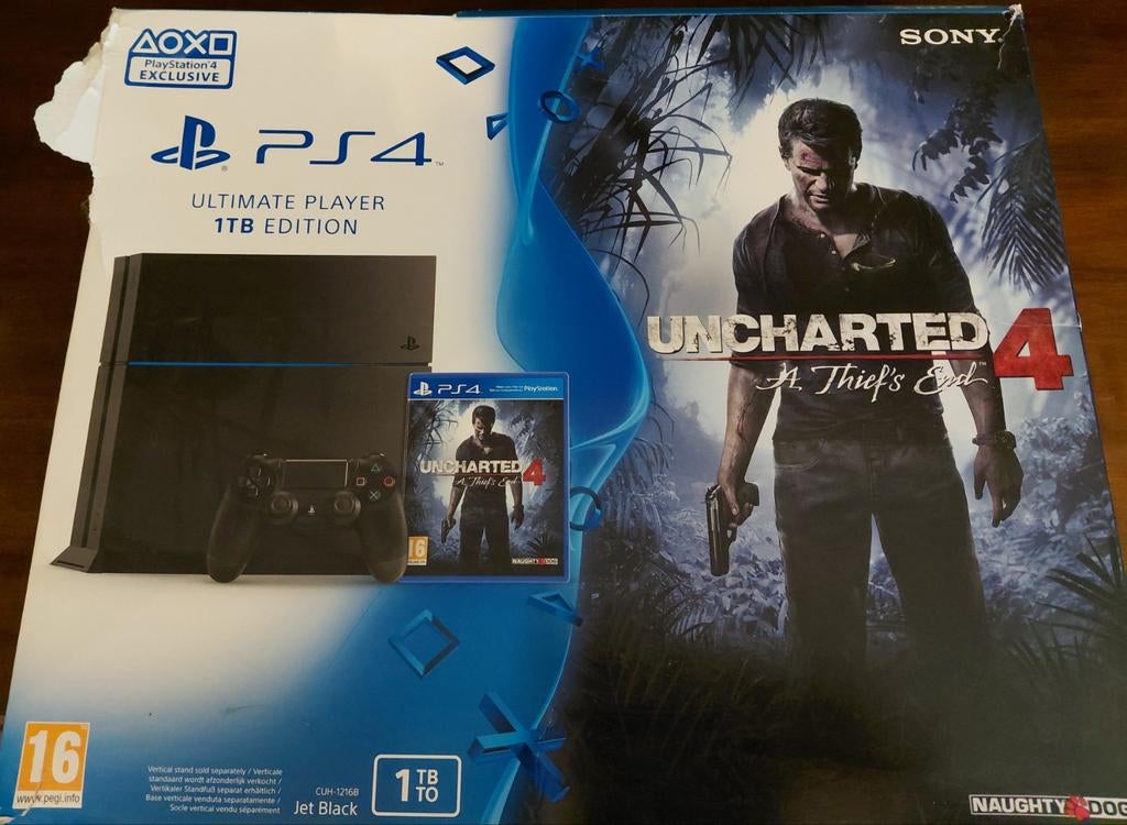 PS4 1TB + Uncharted 4: A Thief’s End met extra spellen., Ophalen, Met games, Zo goed als nieuw, 1 TB