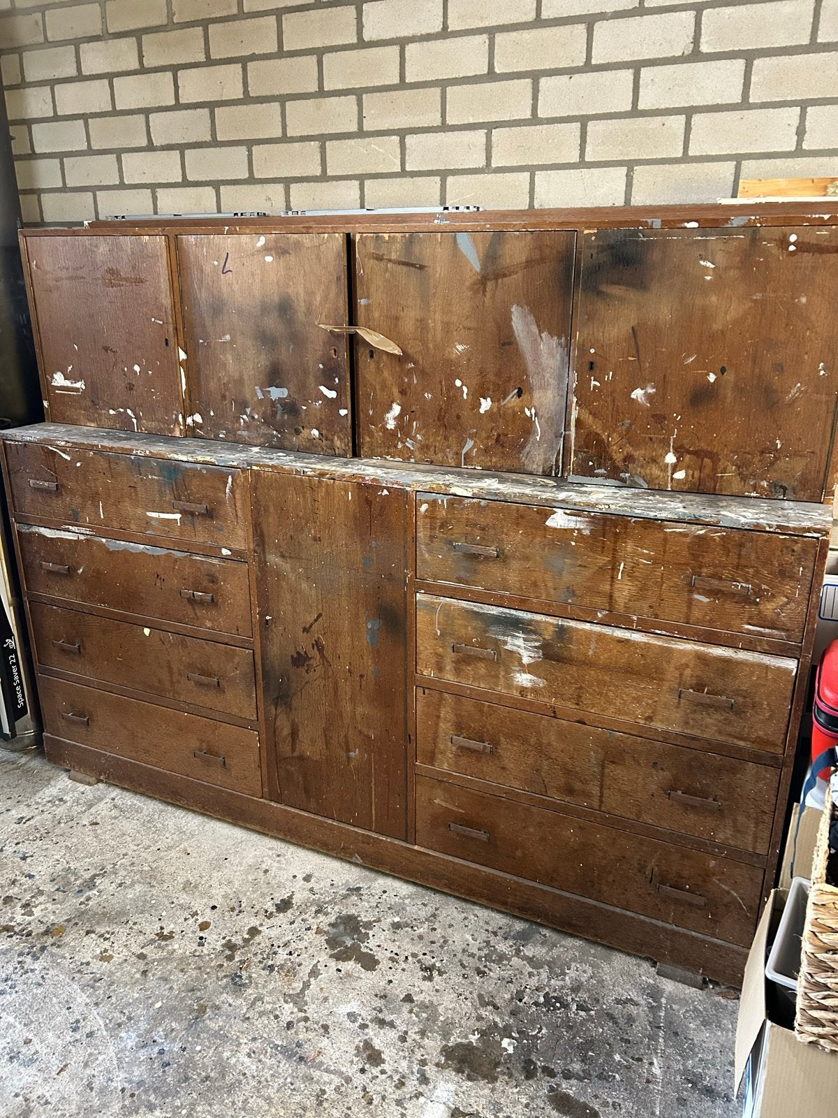 Vintage houten werkbank/opbergkast met lades, Antiek en Kunst, Ophalen