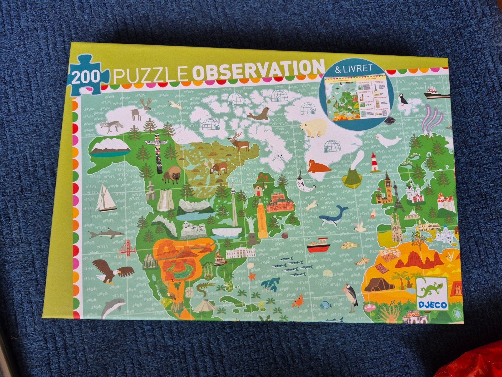 Djeco Observatie Puzzel Wereldkaart 200 stukjes, Ophalen of Verzenden, Meer dan 50 stukjes, Zo goed als nieuw, 6 jaar of ouder