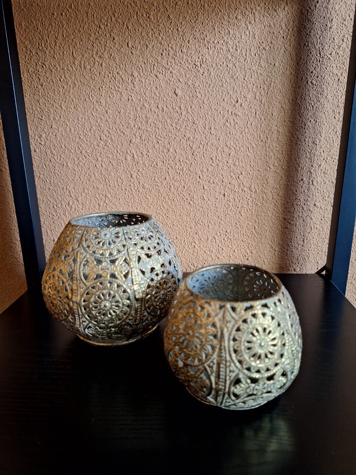 Set van 2 decoratieve waxinelichthouders, goudkleurig, Gebruikt, Waxinelichthouder, Ophalen of Verzenden, Metaal