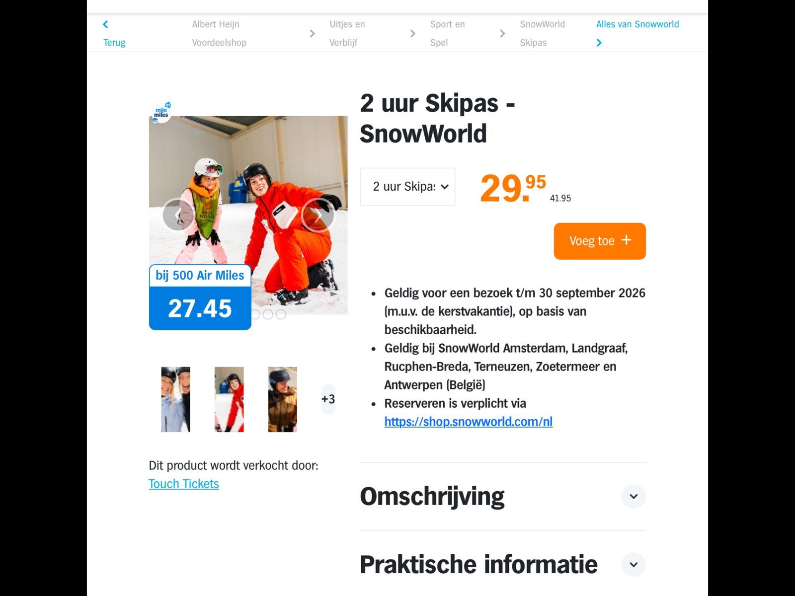4 Snowworld 2 uurs vouchers, Tickets en Kaartjes, Eén persoon, Overige soorten, Overige typen
