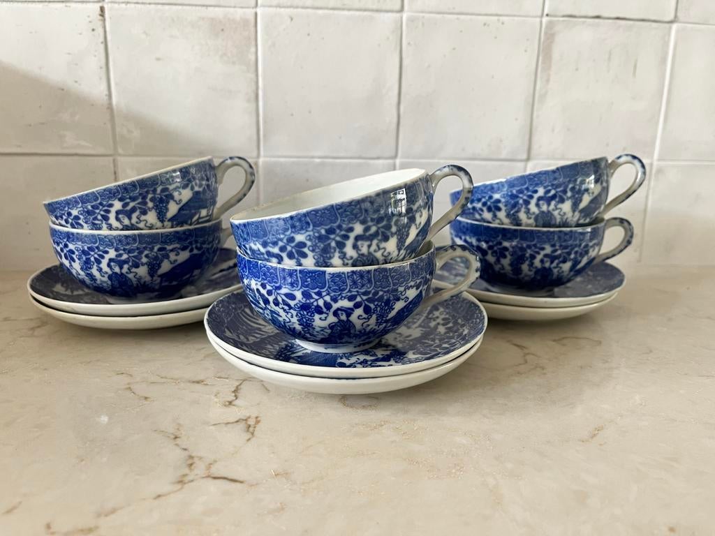6x Chinees porseleinen kop en schotel, blauw-wit decor, Ophalen