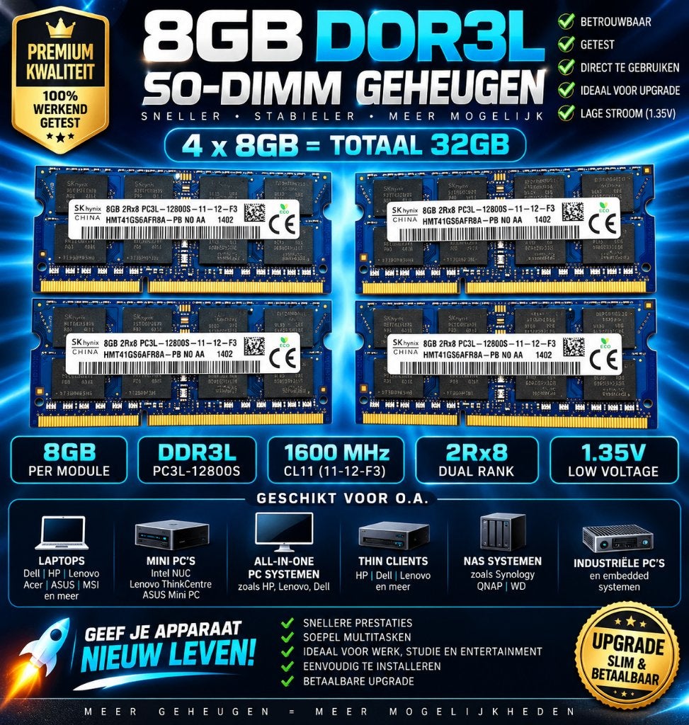 4x 8GB SK hynix DDR3L 1600MHz SO-DIMM – 32GB Laptop, Computers en Software, RAM geheugen, 32 GB, DDR3, Ophalen of Verzenden, Zo goed als nieuw
