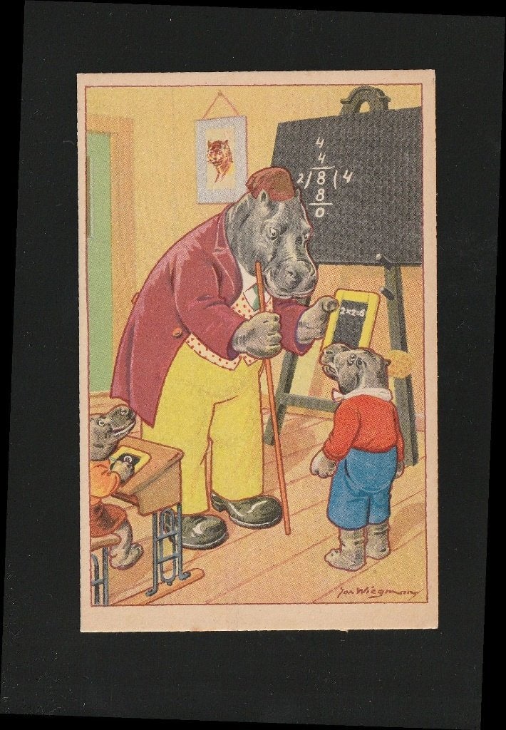 Nijlpaard in de klas illu Jan Wiegman B06-24, Ophalen of Verzenden, 1940 tot 1960, Ongelopen, Overige thema's