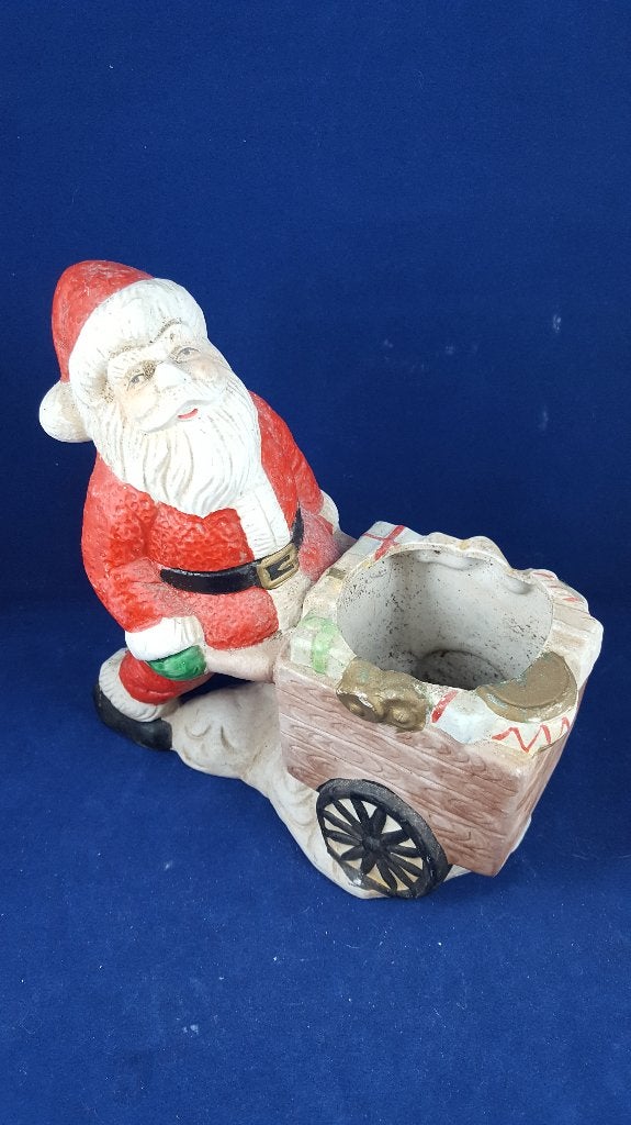 Vintage kerstdecoratie: bloempot kerstman met handkar. W3, Tweedehands verkoop, Tweedehands verkoop, Gebruikt, Ophalen of Verzenden