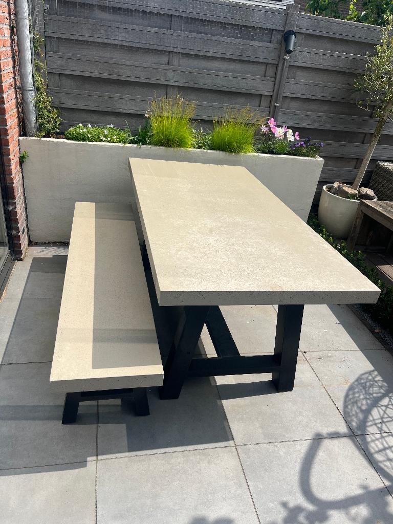 Industriële tuintafel + bankje - betonlook (180 x 90cm), Tuin en Terras, Tuintafels, Ophalen, Gebruikt, Rechthoekig, Metaal