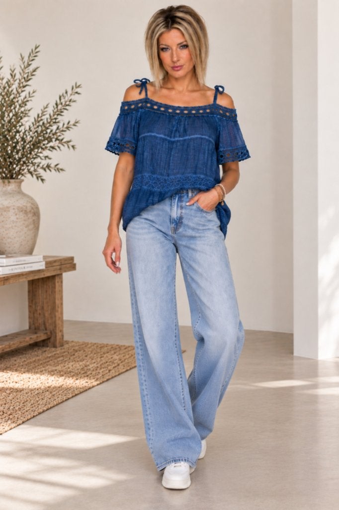 NIEUW blouse/tuniek carmenhals donkerblauw, one size 36/42, Kleding | Dames, Maat 38/40 (M), Blauw, Lingling, Nieuw