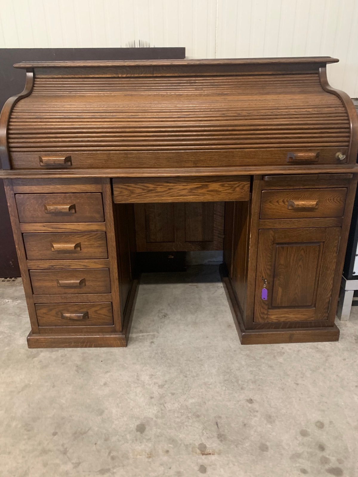 Vintage eikenhouten secretaire/bureau met rolklep, Huis en Inrichting, Ophalen, Gebruikt