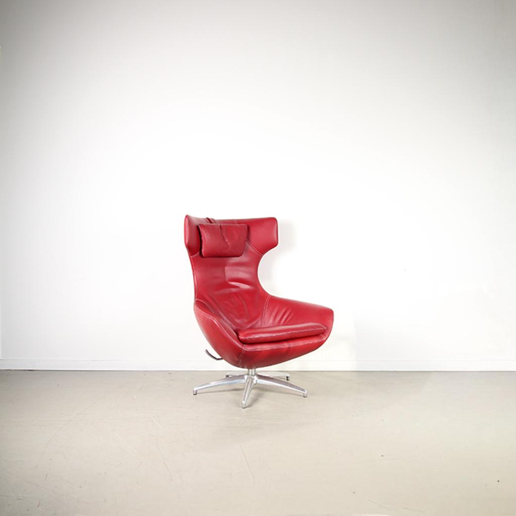 1x Leolux Caruzzo PLUS Fauteuil + Voetenbank Rood – Leer, Niet ingevuld, Niet ingevuld, Ophalen of Verzenden, Zo goed als nieuw
