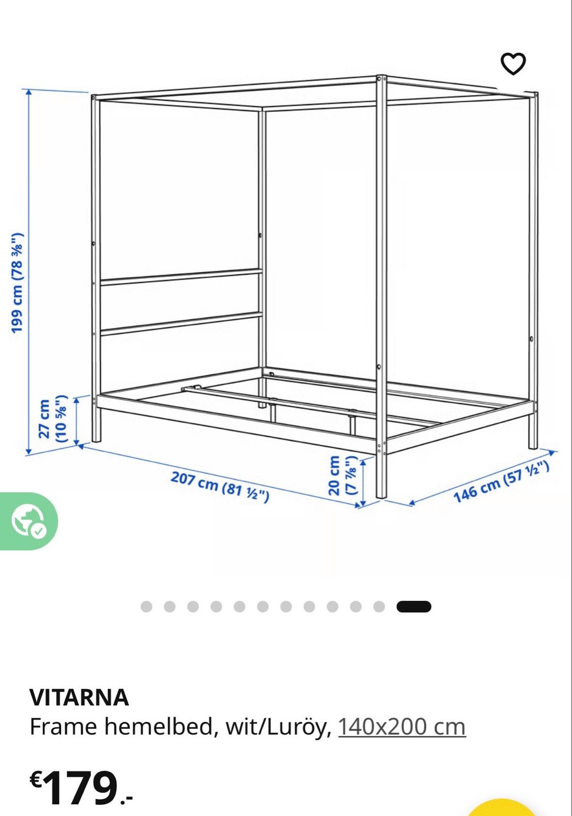 IKEA VITARN Hemelbed frame wit 140x200 cm, Ophalen, Wit, Tweepersoons, 140 cm
