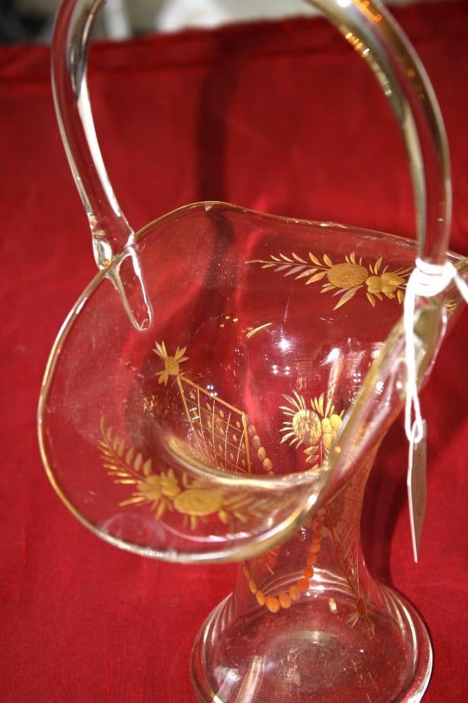 Grote glazen mand met graveer werk met bladgoud, Ophalen of Verzenden