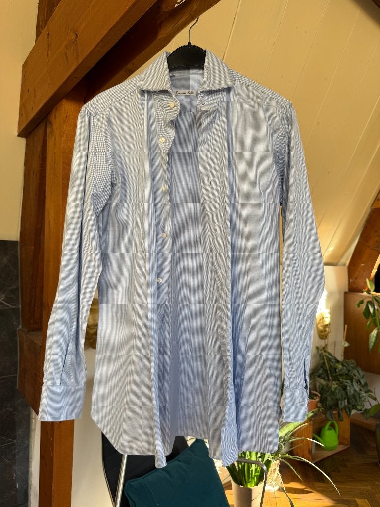 Overhemd Emanuele Maffeis katoen blauw, maat 37 zgan, Blauw, Halswijdte 38 (S) of kleiner, Ophalen of Verzenden, Zo goed als nieuw