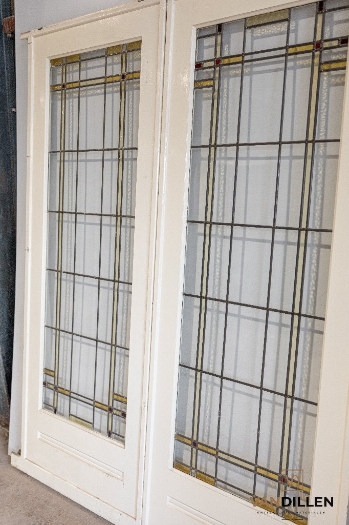 Oude antieke ensuite schuifdeuren glas in lood motief, Gebruikt, 120 cm of meer, Binnendeur, Ophalen of Verzenden