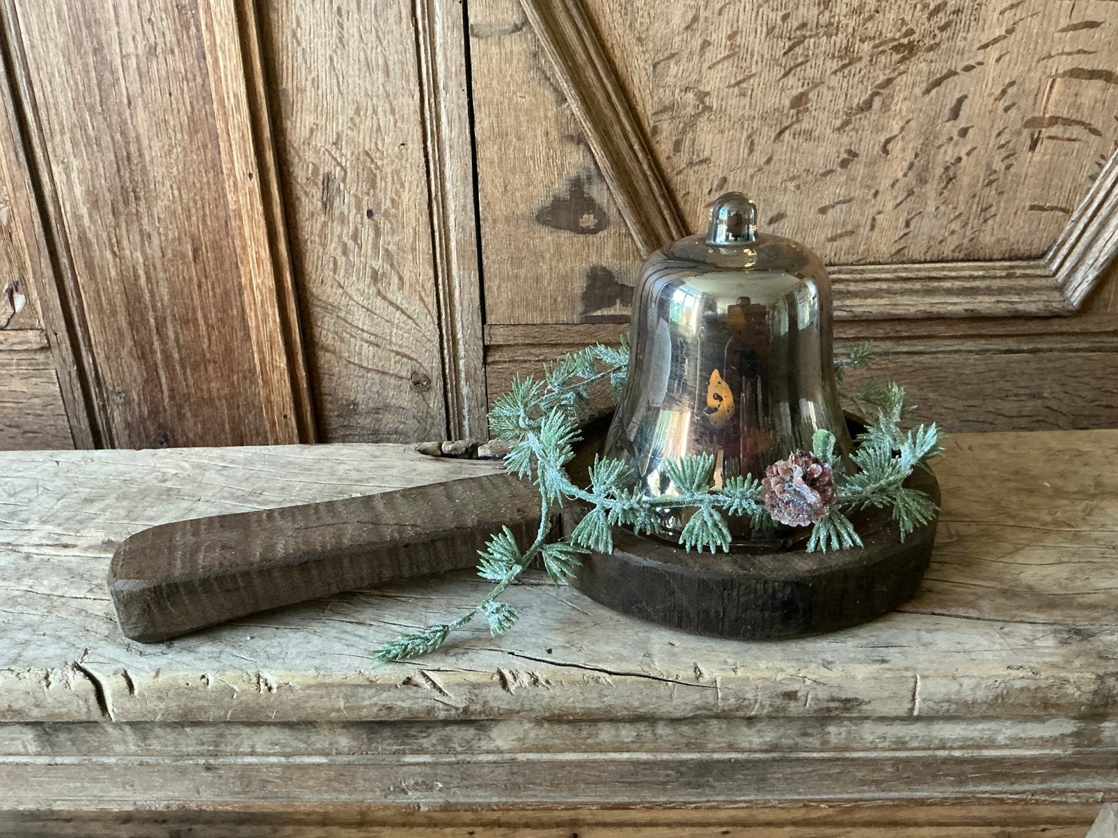 NIEUW houten schep schaal met kunsttak en glazen bel klok, Ophalen of Verzenden, Nieuw