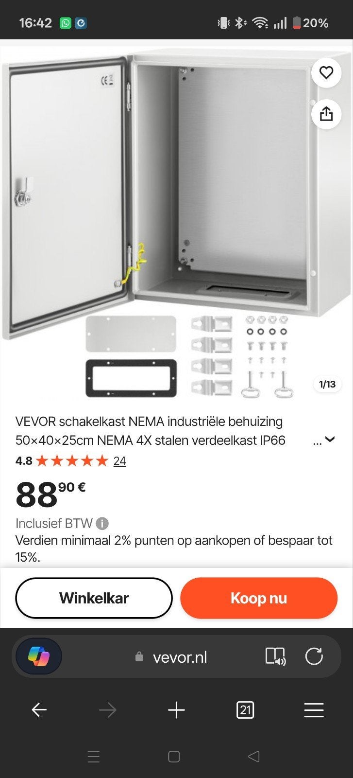 VEVOR Industriële Schakelkast NEMA 4X IP66 50x40x25cm, Doe-het-zelf en Verbouw, Elektra en Kabels, Ophalen, Nieuw, Overige merken