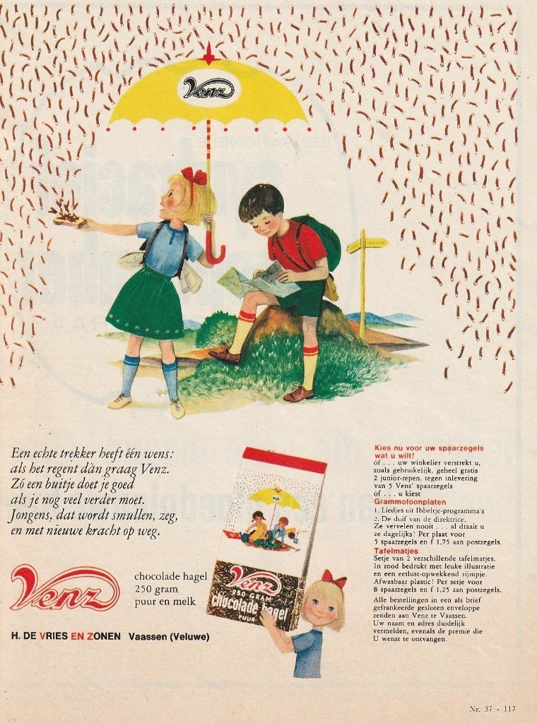 Retro reclame 1966 Venz hagelslag de echte trekkers, Verzenden, Overige typen