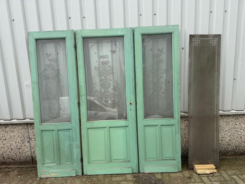 Antiek drieluik met bovenlicht met geetst glas, La belle porte, Jurgen.hoogenboezem@gmail.com, 120 cm of meer, Binnendeur