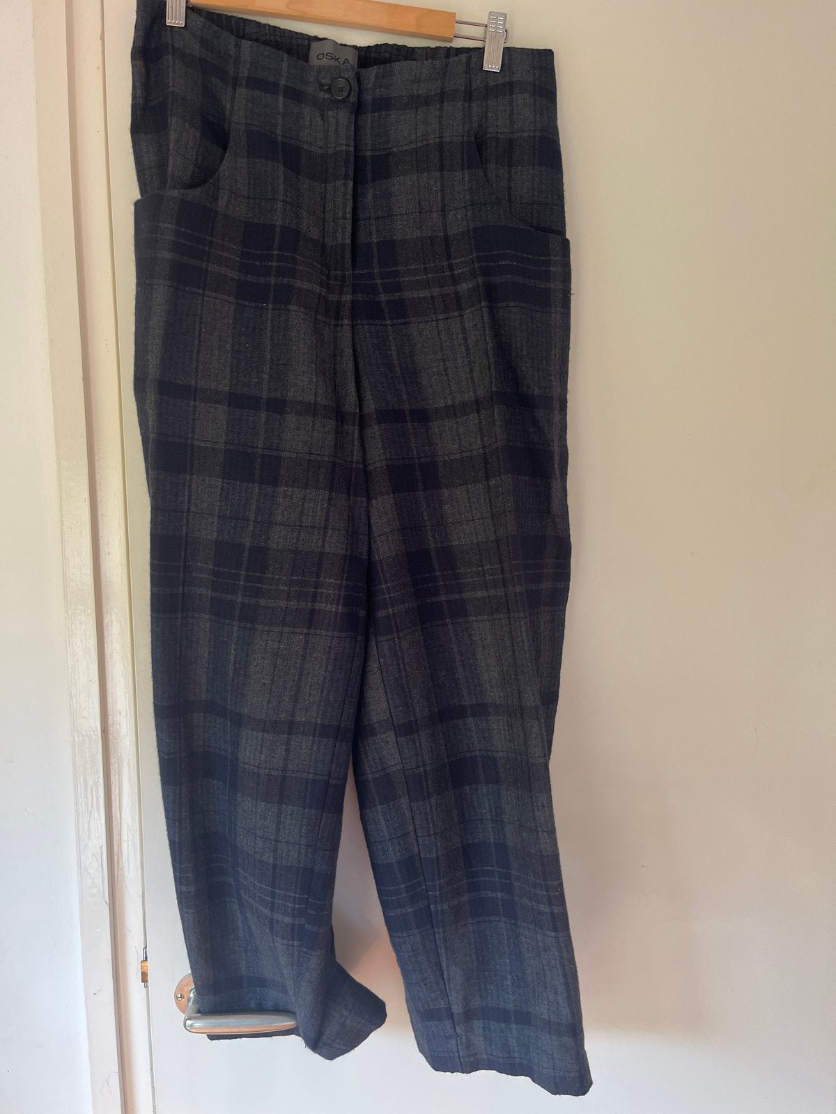 Oska Linnen/Wol Broek - Donkerblauw/Grijze Ruit, Maat 2, Ophalen of Verzenden, Maat 38/40 (M), Blauw
