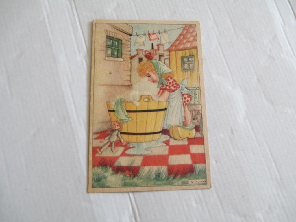oude kinderkaart kind doet de was, Verzamelen, Ophalen of Verzenden, 1940 tot 1960, Ongelopen, Kinderen