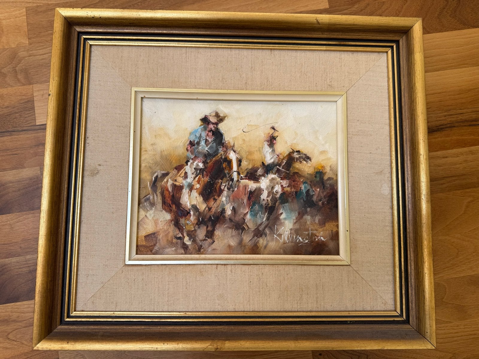 Olieverfschilderij Cowboys te Paard - K. Livingston, Antiek en Kunst, Kunst | Schilderijen | Klassiek, Ophalen, Doek, Expressionistisch