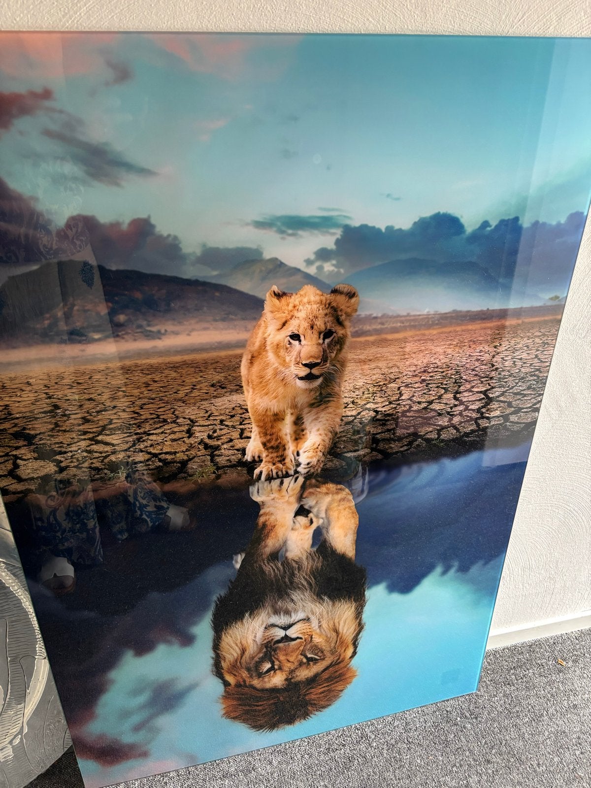 Leeuwenwelp met reflectie - Prachtige wanddecoratie, Ophalen, Zo goed als nieuw, 75 tot 100 cm, Foto of Poster