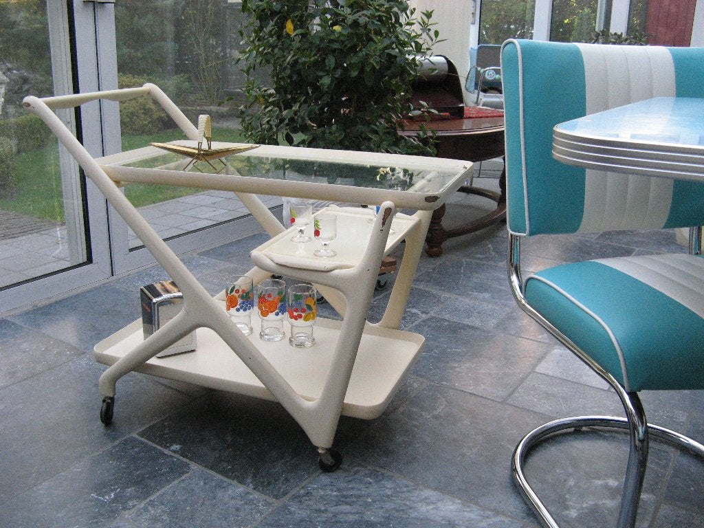 Italiaanse serveertrolley, design Cesarra Lacca, jaren 50., Antiek en Kunst, Ophalen, Wit, Hout, Handgemaakt