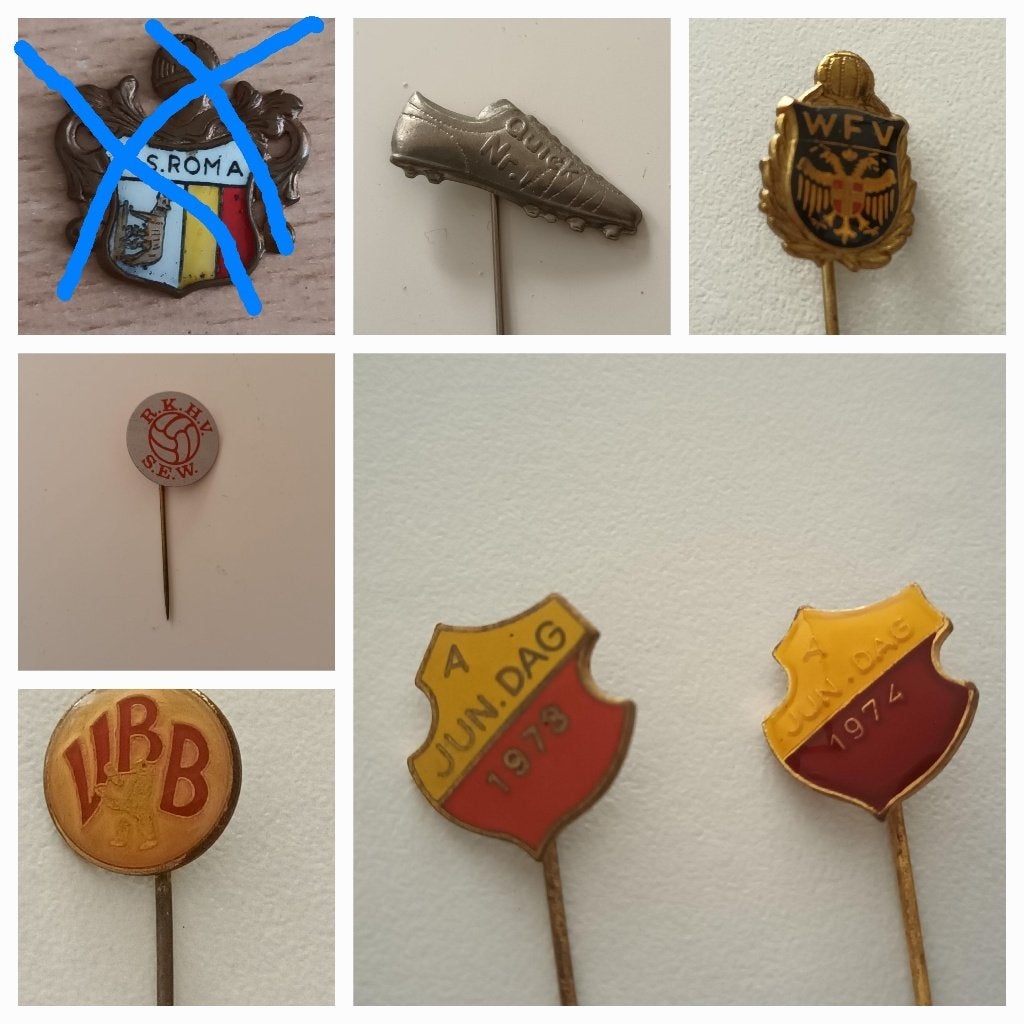 6 voetbal speldjes, jaren 70 en 80, Ophalen of Verzenden, Gebruikt, Sport, Speldje of Pin