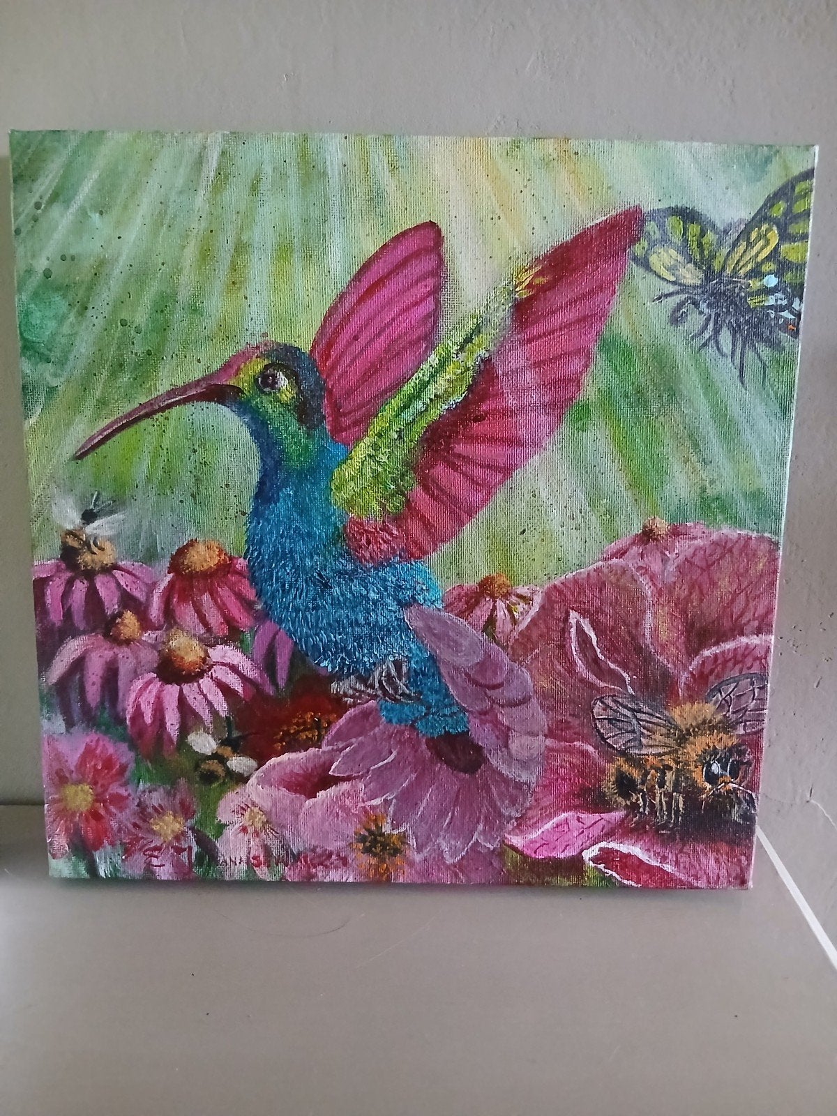 Handgeschilderd Acrylverfschilderij Kolibrie 30x30 cm, Acrylverf, Ophalen of Verzenden, Dieren, Op houten frame