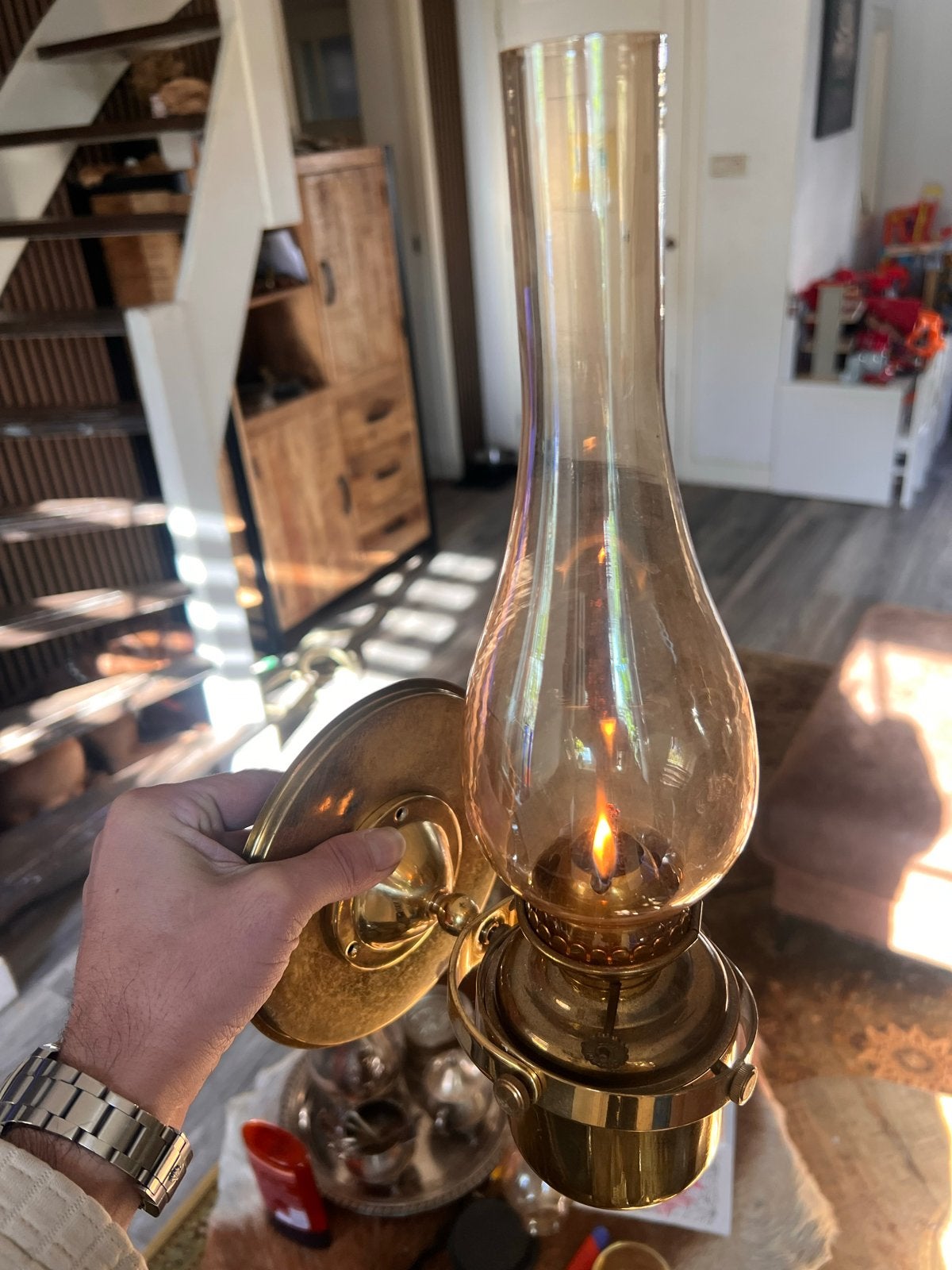 Antieke Messing Olielamp met Glazen Kap, Antiek en Kunst, Ophalen of Verzenden