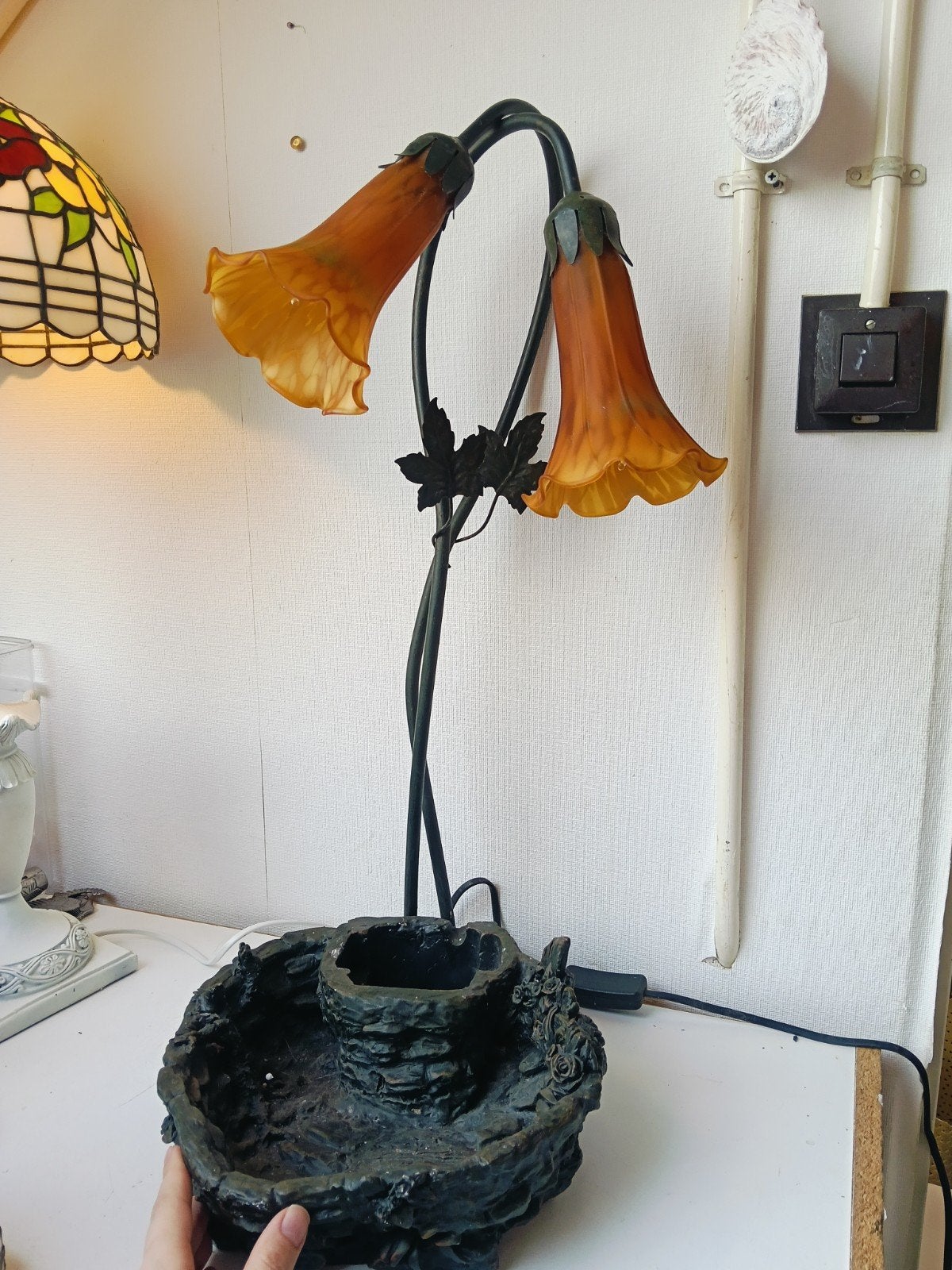 Vintage Tafellamp met Bloemvormige Kappen, Figuurlamp, Gebruikt, Vintage, 60 cm