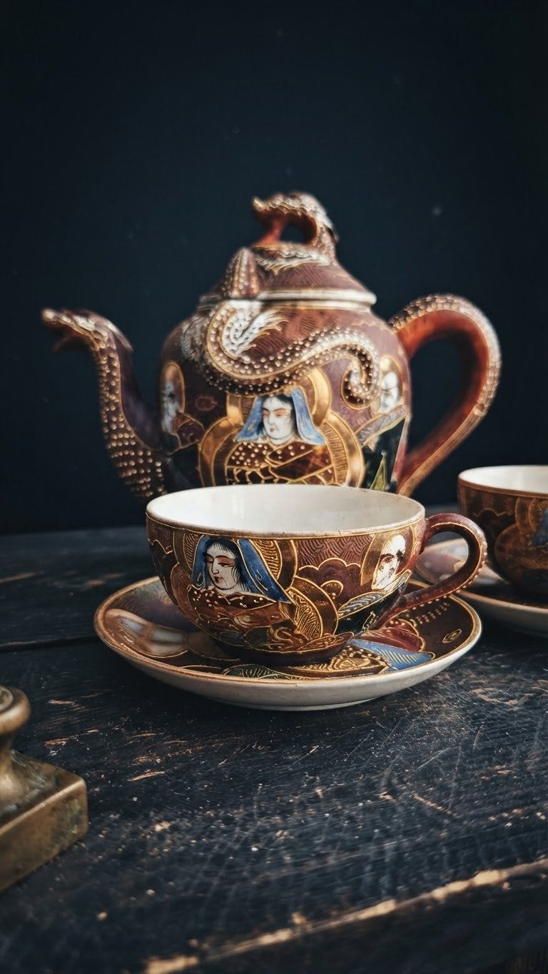 Antieke Japanse Satsuma Moriage Draken Theeset met Lithofaan, Antiek en Kunst, Ophalen of Verzenden
