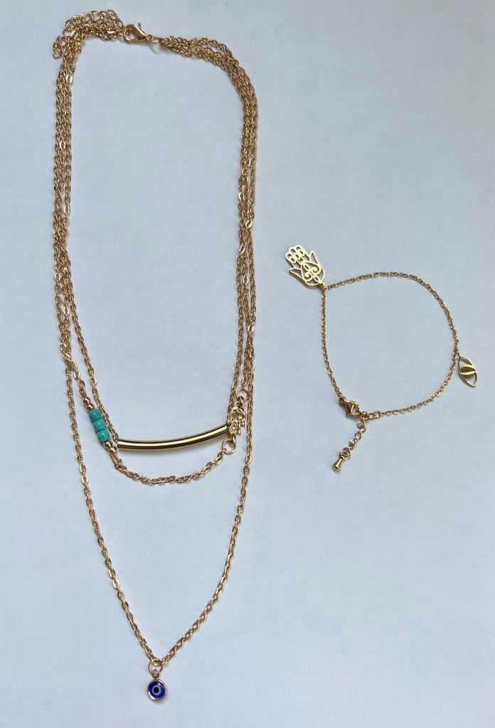 Goudkleurige Sieradenset: Evil Eye Kettinkje + Hamsa Armband, Ophalen of Verzenden, Nieuw, Goud, Met hanger