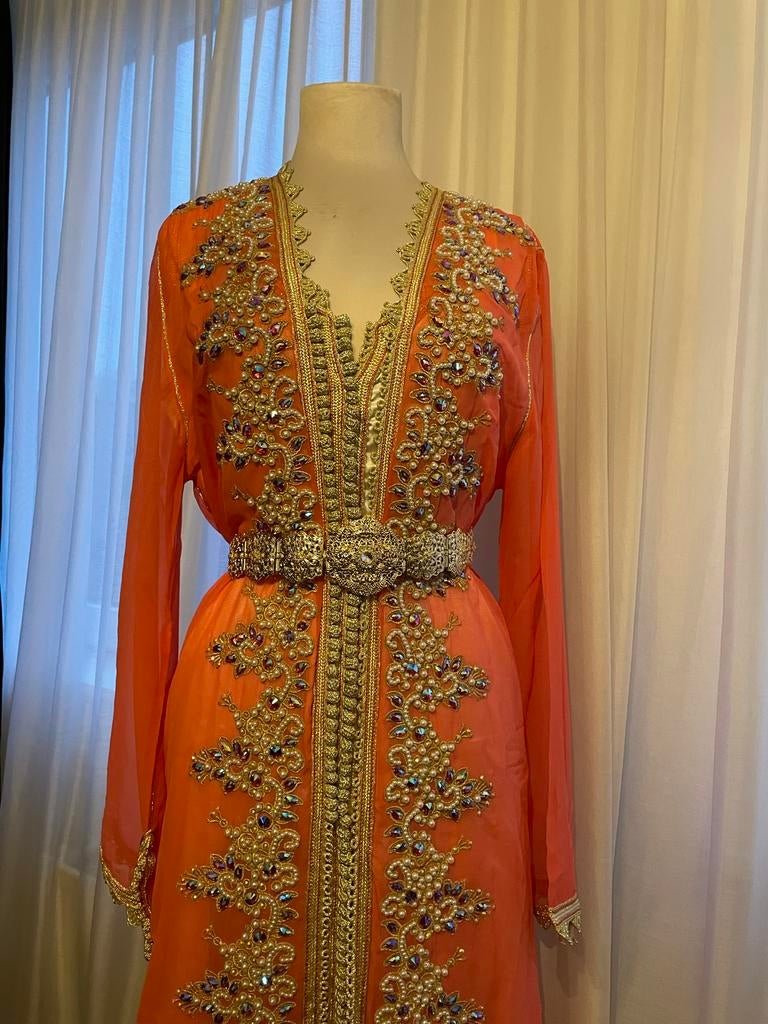 Handgemaakte takschita 42/44/46 met goudkleurige sfifa, Ophalen of Verzenden, Zo goed als nieuw, Maat 42/44 (L), Oranje