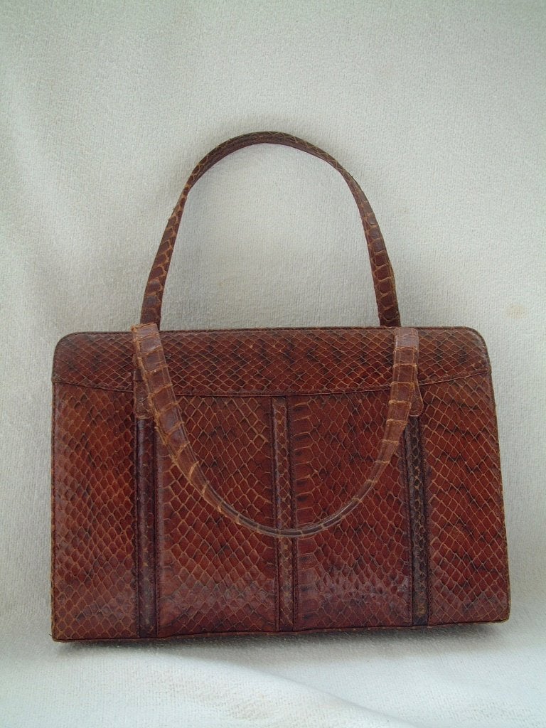 oude echt slangenleer slangeleer tas nr 2 ca 28 bij 19 cm, Ophalen of Verzenden, Gebruikt, Bruin, Handtas