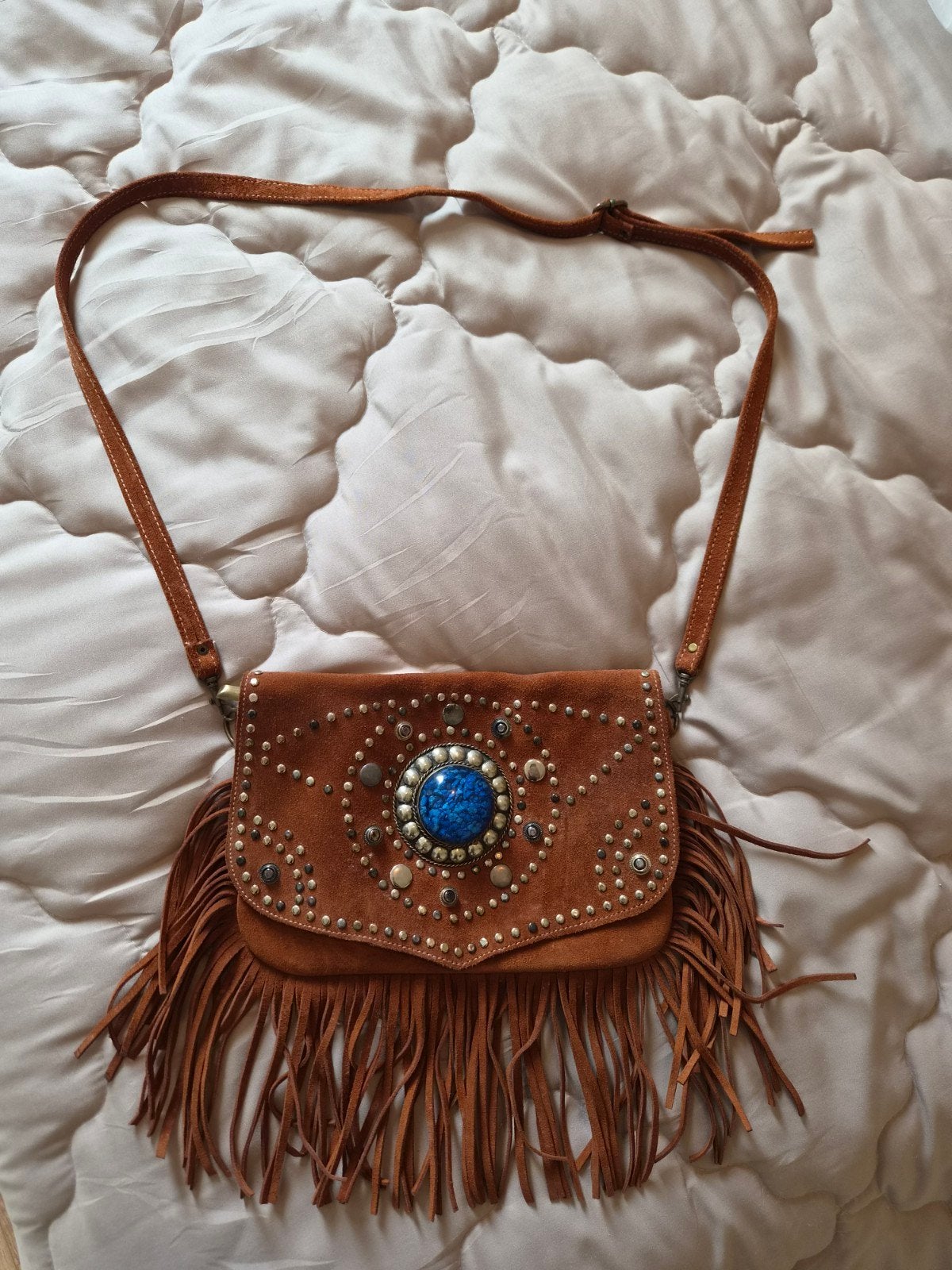 Boho schoudertasje met franjes, Ophalen of Verzenden, Gebruikt, Bruin, Schoudertasje