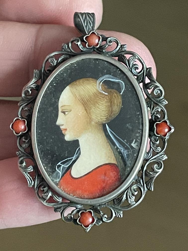 Prachtige antiek zilveren hanger / broche met bloedkoraal, Ophalen of Verzenden, Zilver, Broche
