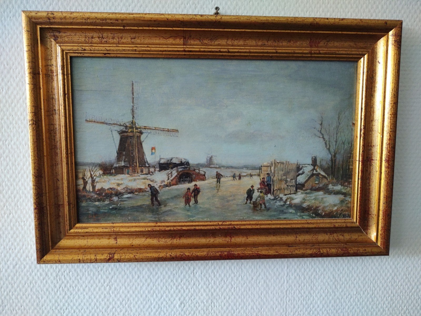 Schilderij Hollands winterlandschap met molen en schaatsers, Antiek en Kunst, Ophalen