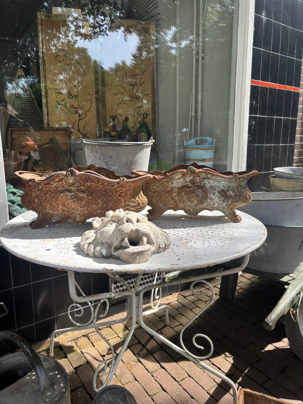 Set gietijzeren jardinieres carlotte antiek en brocante, Ophalen of Verzenden