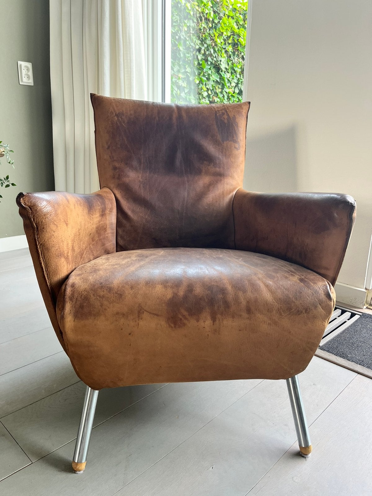Gerard van den Berg Fauteuil Kamelenleer, Huis en Inrichting, Fauteuils, Gebruikt, Leer, Metaal, 50 tot 75 cm, 75 tot 100 cm, Ophalen