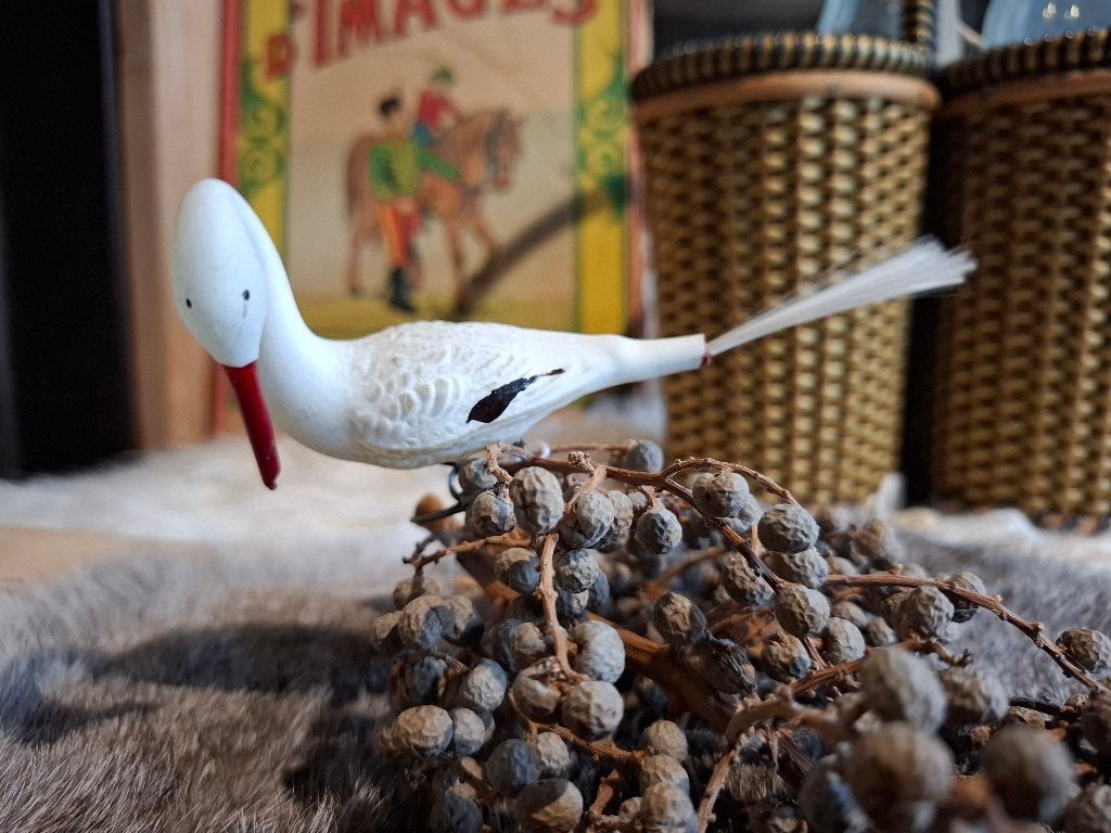 antieke kerstbal, ooievaar, vogel op clip, Gebruikt, Ophalen of Verzenden, Antiek, Ooievaar
