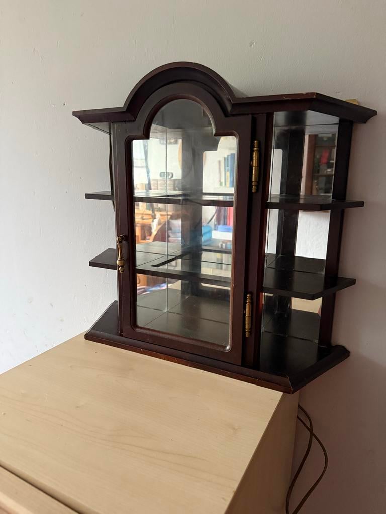 Vintage Houten Vitrinekastje met Glazen Deur, Antiek, Gebruikt, Glas, Minder dan 25 cm