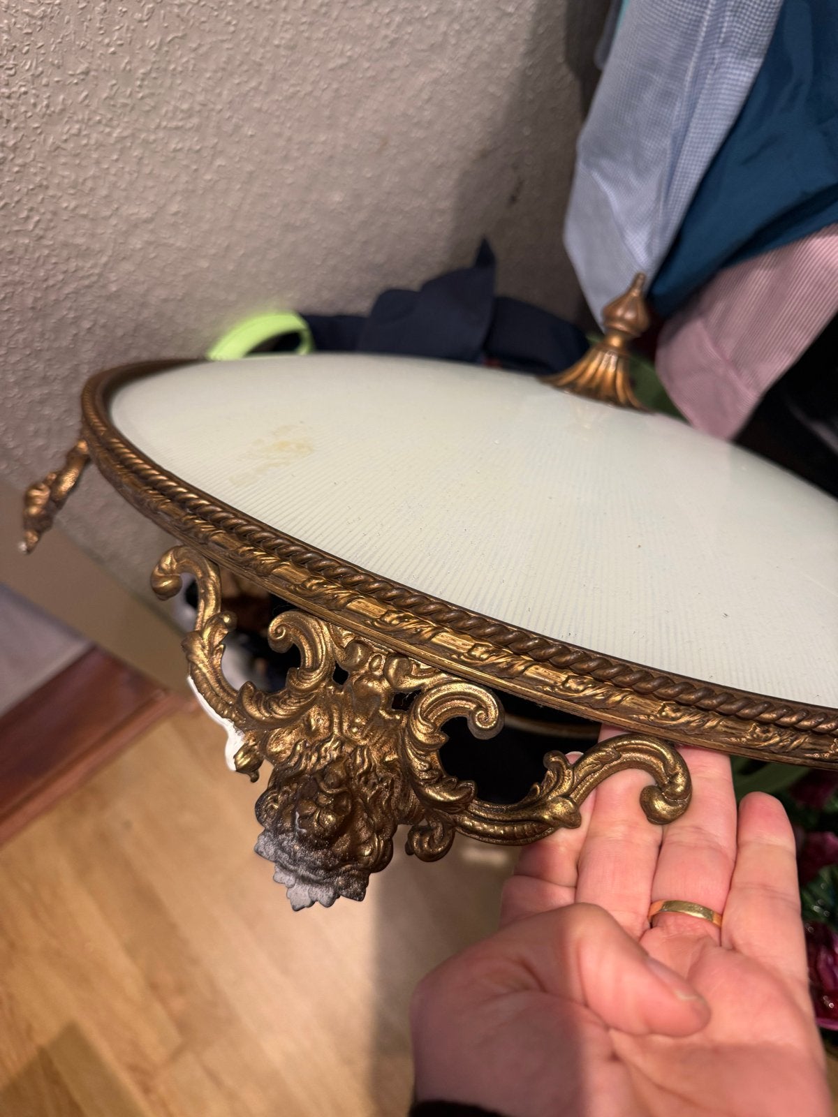 Vintage Empire Plafonnière - Messing & Opaalglas, Ophalen of Verzenden