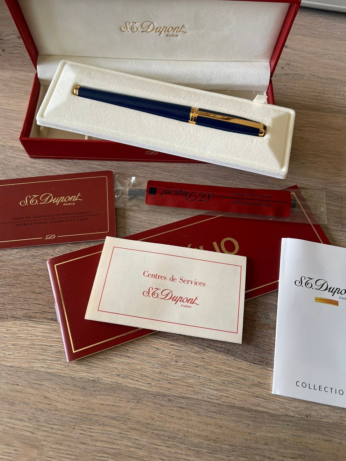 S.T. Dupont fidelio rollerpen, ongebruikt, blauw en goud, Overige merken, Balpen, Nieuw, Met doosje