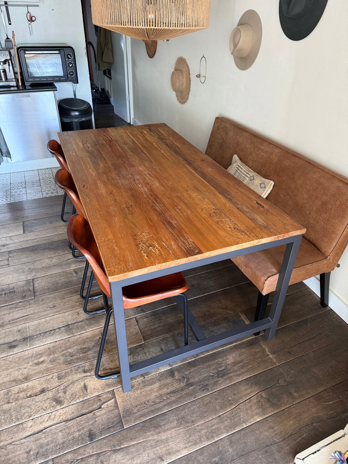Eettafel met bankje en stoelen - Industriële stijl, Ophalen, Gebruikt, 50 tot 100 cm, 150 tot 200 cm