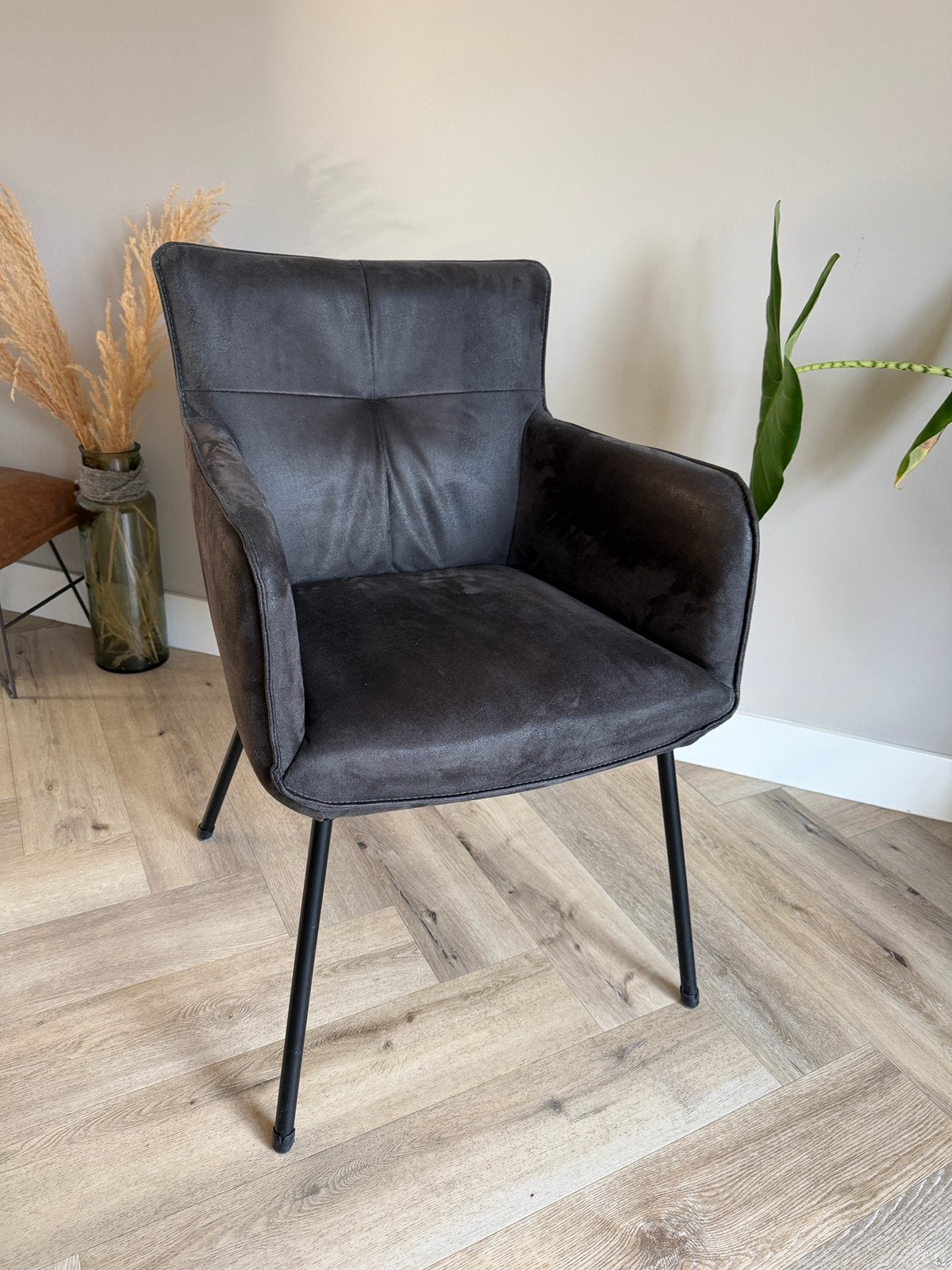 6x Armstoelen Lugano – Microleder Bull Antraciet, Ophalen, Zo goed als nieuw, Metaal, Grijs
