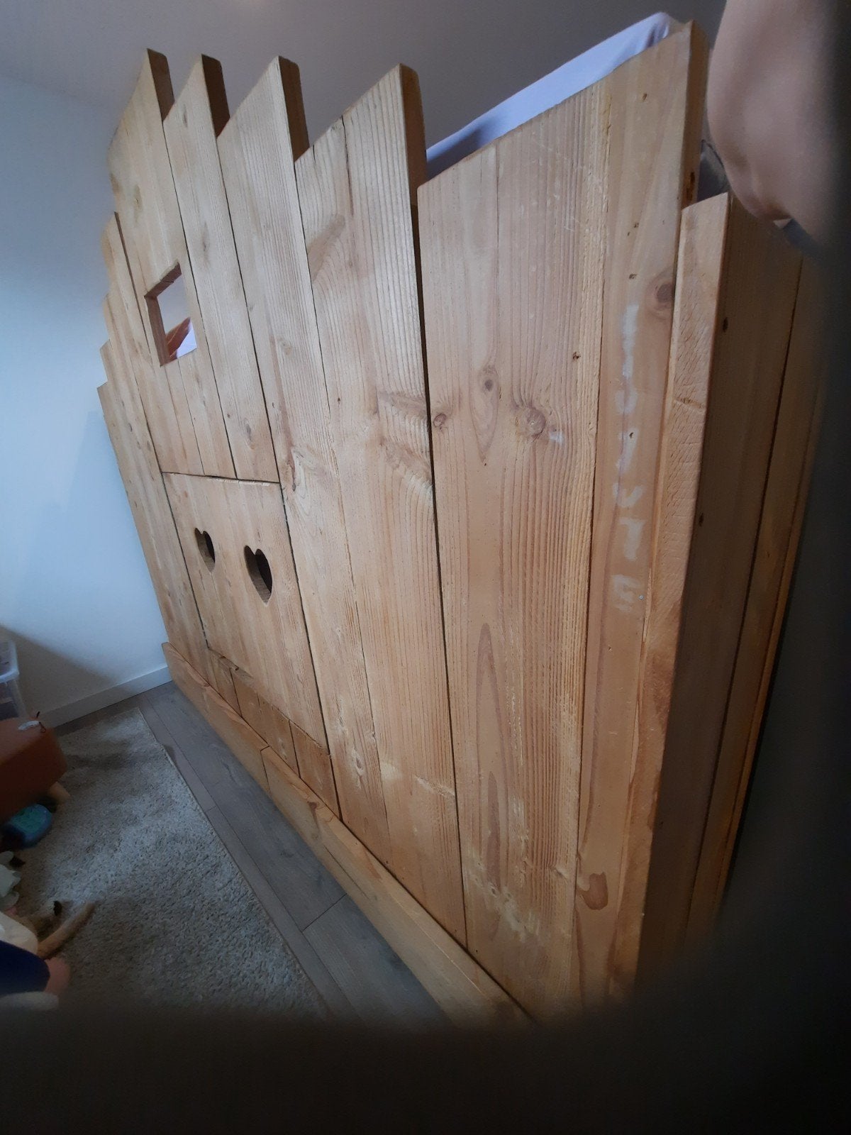 Steigerhouten bed met deurtjes en opberlades, Huis en Inrichting, Slaapkamer | Bedden, Ophalen, Gebruikt, 90 cm, Eenpersoons
